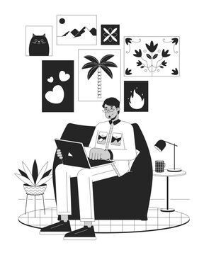 Work comfortable black and white line illustration. Arab web developer sitting in beanbag chair 2D lineart character isolated. Home office coziness monochrome scene vector outline image