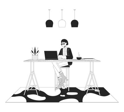 Unconventional home office black and white line illustration. Asian woman with laptop at counter table 2D lineart character isolated. Programmer workspace monochrome scene vector outline image