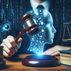 A gavel strikes down in front of a digital representation of a human brain, signifying the intersection of law and artificial intelligence. The imagery suggests themes of AI ethics and regulation. AI