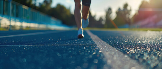 Close-up ground level view of running shoe with person running on athletics track. Natural light,...