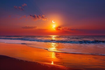 Obraz premium A total solar eclipse with the sun view from the beach at sunset Concept of people weather science and space, solar system atmosphere