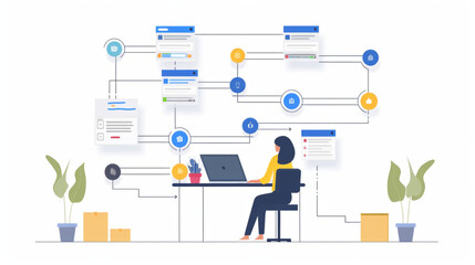 Information Technology, a workflow of project management or software development lifecycle illustrated through a graphical user interface, with various tasks and milestones.