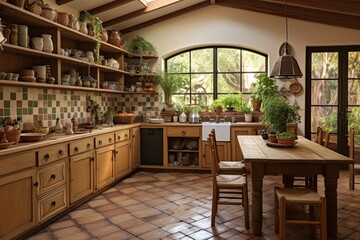 Fototapeta na wymiar Earth Tone Ceramic Tiles: Cozy Atmosphere in Warm Spacious Farmhouse Kitchen