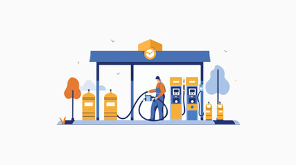 Person filling oil canisters at gas station Flat vector