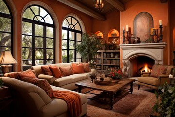 Fototapeta na wymiar Terracotta Tiles & Cozy Sofas: Warm Tuscan Villa Living Room Ideas