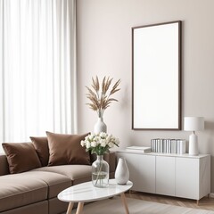 Frame mockup in living room with modern interior background, interior mockup design, frame mockup