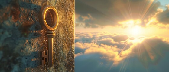 Key in keyhole on sky background with sun ray. Concept, symbol, and idea for history, business, security, religion backgrounds.