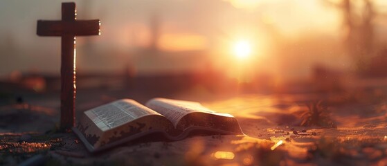 It is a blurred version of an open Bible with a palm cross on a sunrise background - obrazy, fototapety, plakaty