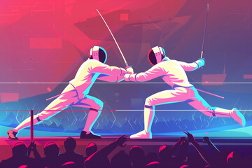 Fencing competition tournament training in action and motion. Modern art grainy gradient as a background. Generative AI