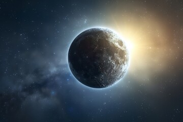 Luna eclipse in space planet Earth and the bright sun panoramic concept showing the moon solar system atmosphere
