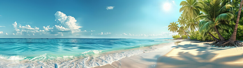 Beautiful tropical beach with white sand and palm trees under the bright sun on a blue sky. Banner. Copy space.