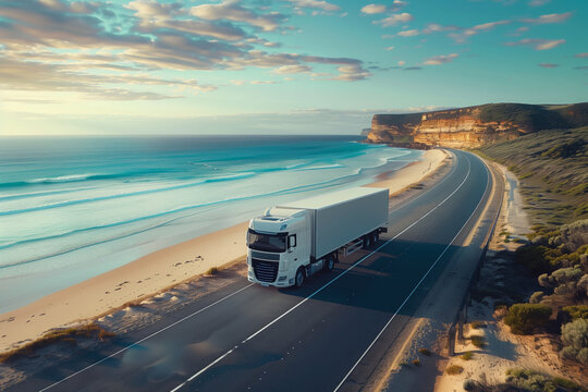 A delivery truck drives along an oceanside road on a summer evening. Bird's-eye.
