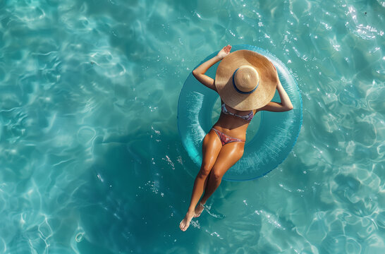 A young woman in a hat and swimsuit on an inflatable ring on clear water, top view.