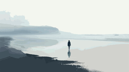 Person walking on the beach in foggy day Flat vector