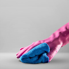 Human hand in protective glove wiping using cloth