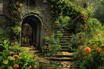 Secret garden pathway with ornate gate