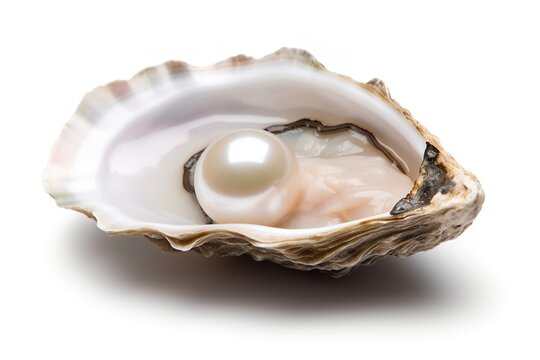 Open oyster with pearl inside. Isolated on white background. Ai generative