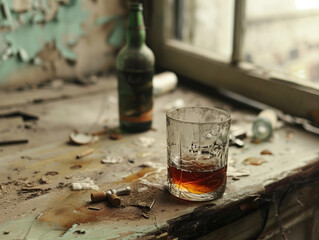 a bottle and a glass of booze on a dirty table by the window.