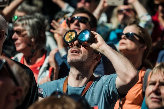 people taking photos of a solar eclipse with protective glasses solar system atmosphere