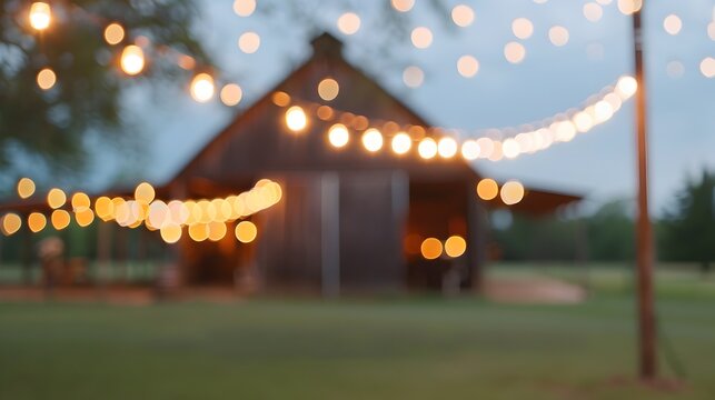 Rustic Blurred Barn Wedding Background with Charming String Lights and Countryside Atmosphere for Romantic Event Header