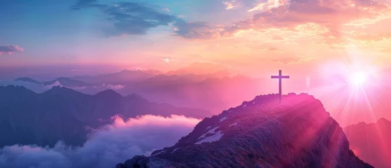 Fotobehang With a colorful sky background and silhouettes of crucifix symbols on top of a mountain © Zaleman