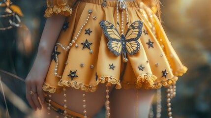 close up sexy girl wearing a yellow fairy tutu skirt in dreamlike atmosphere, fantasy dreamlike fairytale atmosphere, Generative Ai