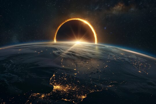 Planet earth from the space and solar eclipse at night in the center solar system atmosphere