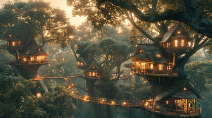 Fantasy Landscape,  a magical forest scene with tree houses interconnected by bridges, suggesting a hidden or mystical community living in harmony with nature.