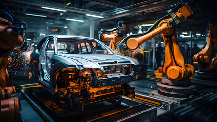 Close-up of a car engine in an industrial setting,Robot arm mechine working in factory.