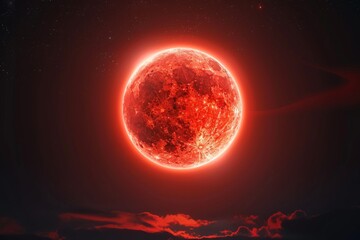 Fototapeta premium Red super moon glowing with blue halo isolated on black background