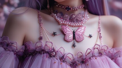 close up lingerie and underwear fashion portrait, pretty girl wearing sexy pink bras decorated with butterfly pearls and glitter, fantasy fairytales atmosphere, - obrazy, fototapety, plakaty