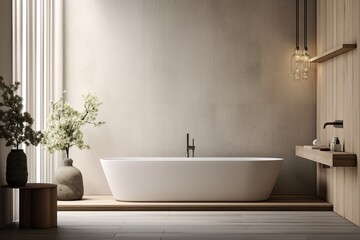 Fototapeta na wymiar Neutral Tiles and Timeless Appeal: Zen-Inspired Minimalist Bathroom Ideas