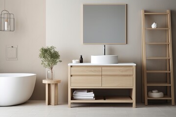 Fototapeta na wymiar Zen-Inspired Minimalist Bathroom Ideas: Simple Vanity and Clean Lines Elegance