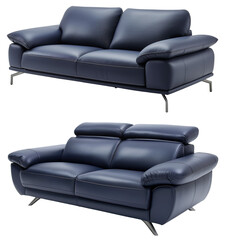 dark deep navy blue leather modern luxury sofa. couch for interior design of Modern living room, Metal legs, isolated transparent png cutout