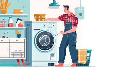 Plumber repairing washing machine with screwdriver - obrazy, fototapety, plakaty