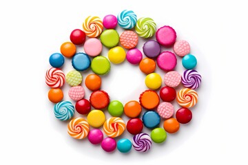 A group of assorted colorful candies arranged in a circular pattern isolated on white solid background