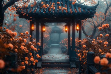 Dreamy oriental gazebo with orange flowers glow - obrazy, fototapety, plakaty