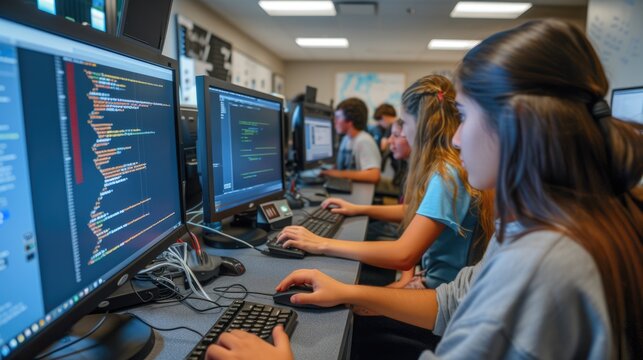 Focused students work on computers in a technology class, coding and developing software as part of their education. AIG41
