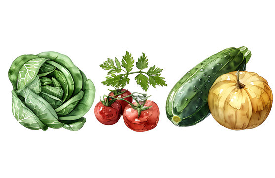 Set of Watercolor Tomato Cucumber Cabbage on Transparent Background. Ai generated 