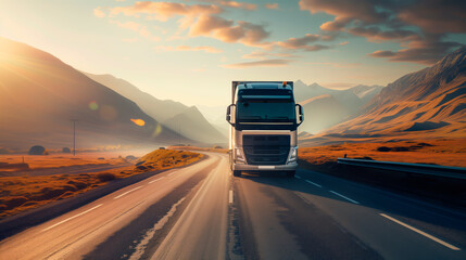 Truck on highway with scenic mountain landscape, transport and logistics.
