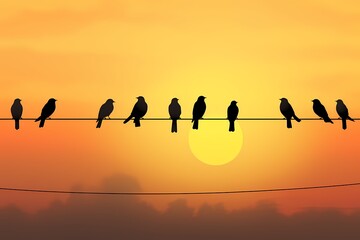 A group of cheerful birds perched on a wire against a sunset sky, isolated on white solid background