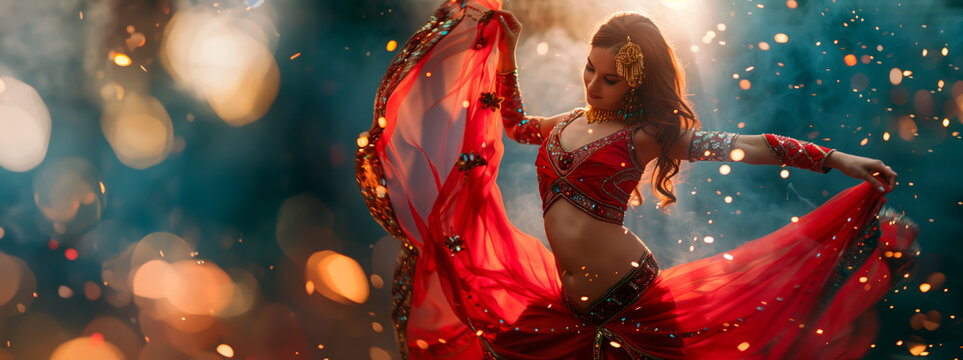 Belly dancer in red costume, dynamic movement, festive bokeh with copy space.