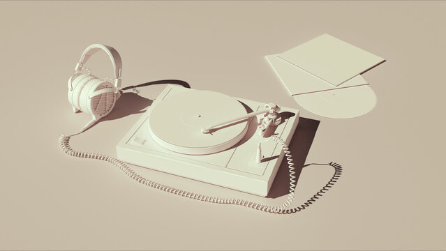  Record player turntable neutral backgrounds soft beige tones background 3d illustration render digital rendering