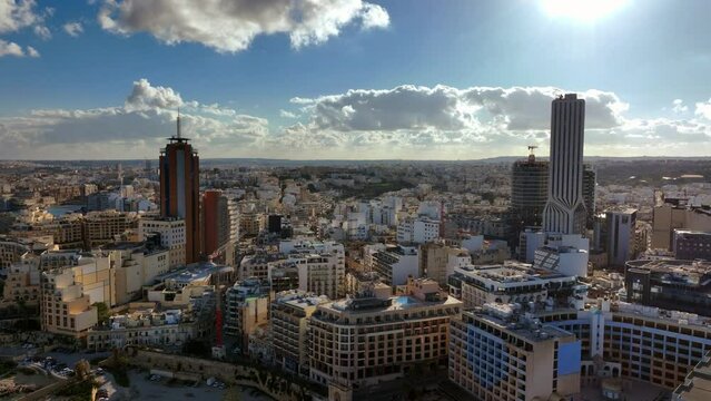 Aerial view Of Highest And Modern Building Of Malta Island, Mercury Tower﻿ and Portomaso Business Tower. St. Julians City. Malta.