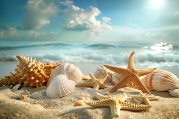 summer beach shore with starfish and seashell in sea water. Summer holidays illustration - sea inhabitants on a tropical exotic beach sand against a sunny seascape.  - obrazy, fototapety, plakaty