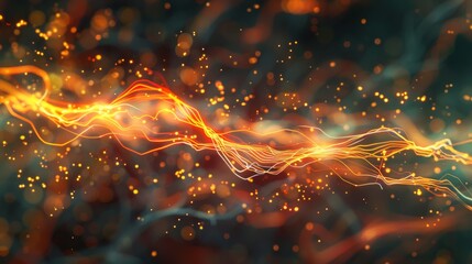 Abstract representation of neural synapse activity with glowing orange lines on a dark background. - obrazy, fototapety, plakaty
