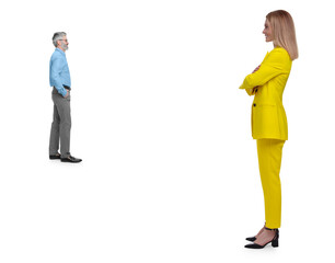 Giant woman and small man on white background