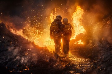 Two people walking through a fire with flames behind them. Generative AI.