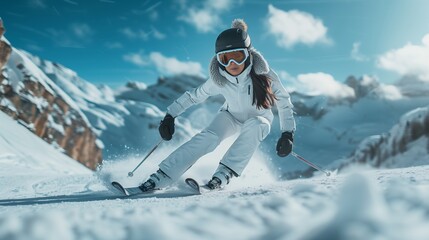 Fototapeta na wymiar Female Skier Descending Snowy Slope