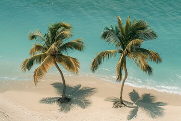 Two palm trees on the beach next to a blue ocean. Generative AI.
